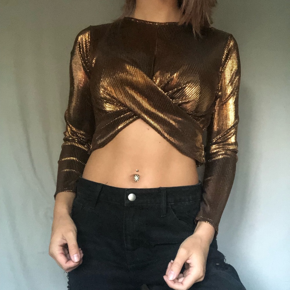 Topshop gold long sleeve crop top